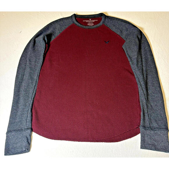 American Eagle Men's Thermal Shirt Burgundy and Grey - Small - Picture 1 of 6